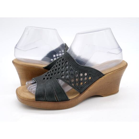 Spring Step Sandals Women 8.5 Black Leather Perforated Platform Wedge Heel Slide - Picture 1 of 10
